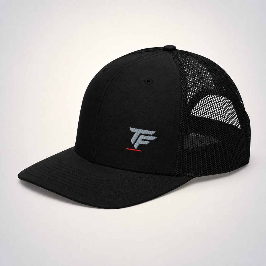 TF Monogram Trucker Cap on the TunedForm studio gradient