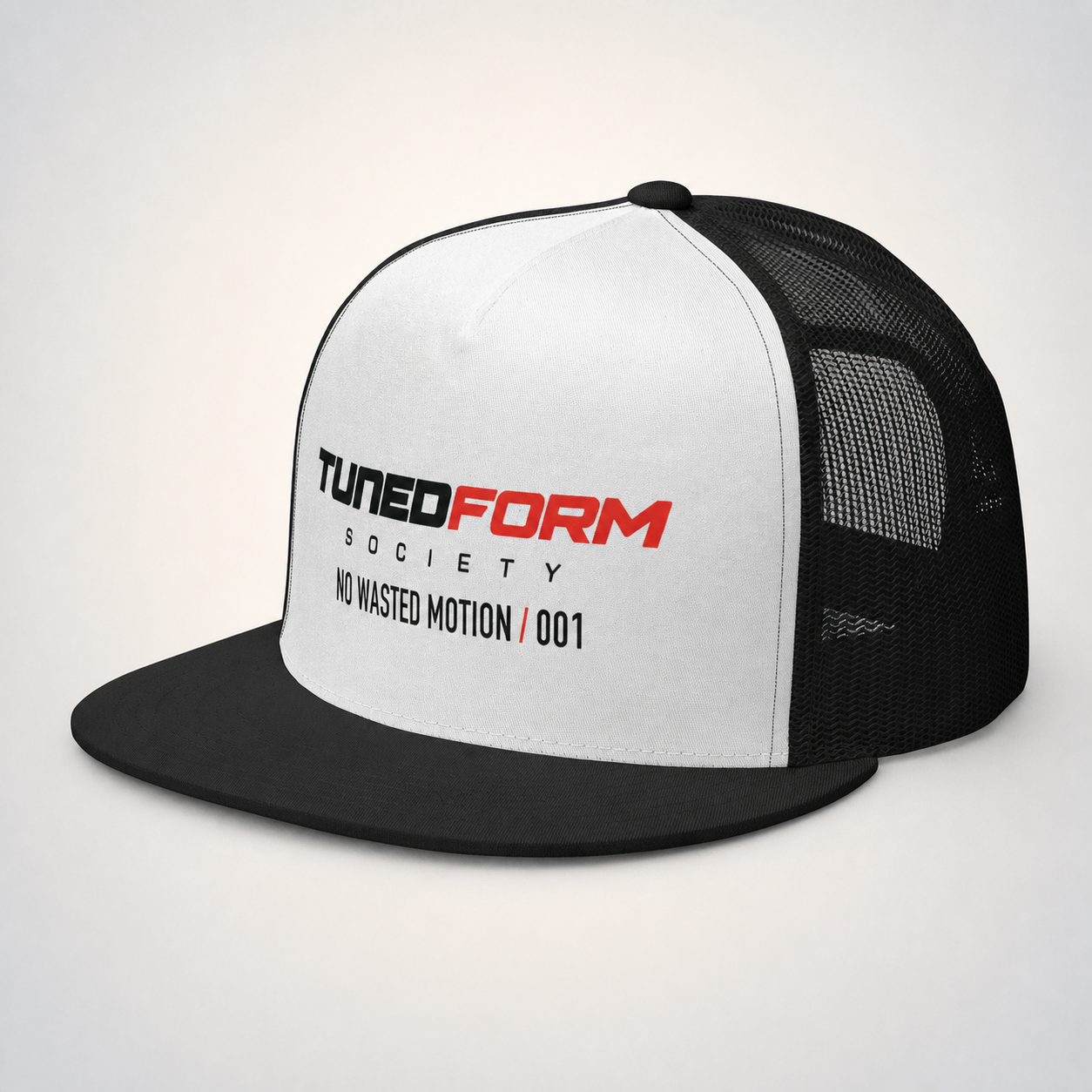 NWM-001 Five-Panel Trucker Cap on the TunedForm studio gradient