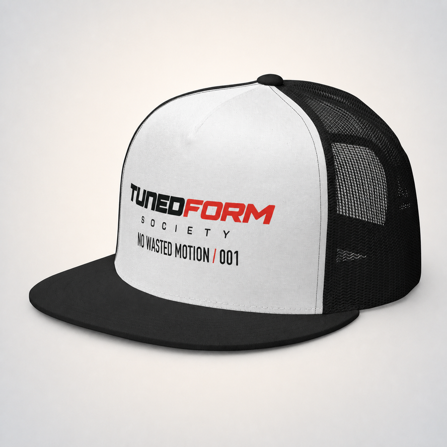 NWM-001 Five-Panel Trucker Cap on the TunedForm studio gradient