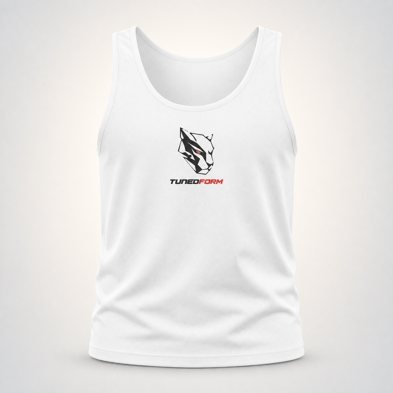 TunedForm Panther Unisex Tank — White on the TunedForm studio gradient