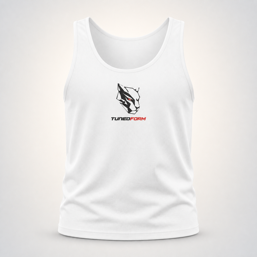 TunedForm Panther Unisex Tank — White on the TunedForm studio gradient