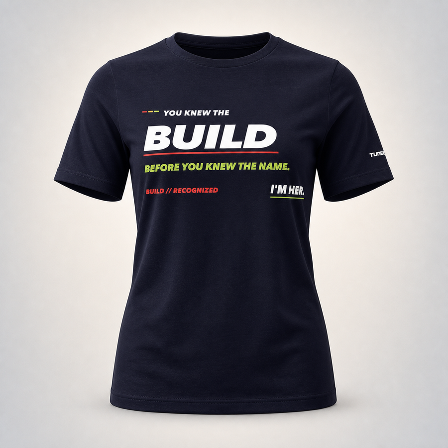 You Knew The Build Before You Knew The Name - I'm HER - Women's 100% Cotton T-Shirt on the TunedForm studio gradient